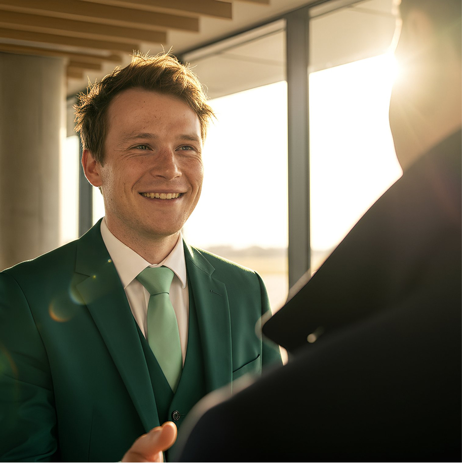 Agente Fly Service accoglie un passeggero VIP in aeroporto per il servizio di assistenza personalizzata Meet & Greet.