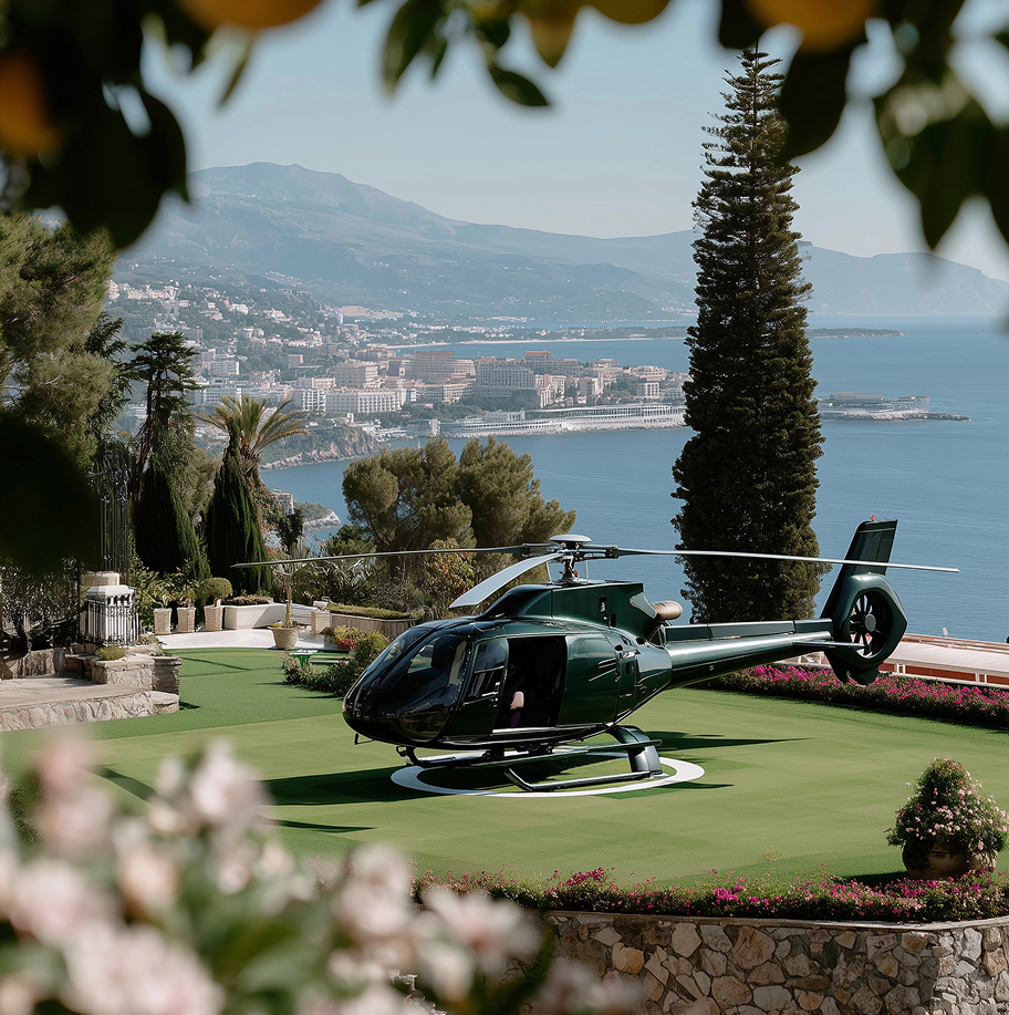 Elicottero privato Fly Service su un eliporto costiero per trasferimenti rapidi e tour panoramici in Italia.