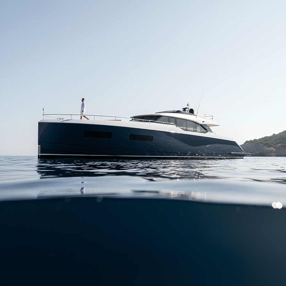 Yacht di lusso in navigazione nel Mediterraneo per servizi di charter privato e itinerari personalizzati Fly Service.