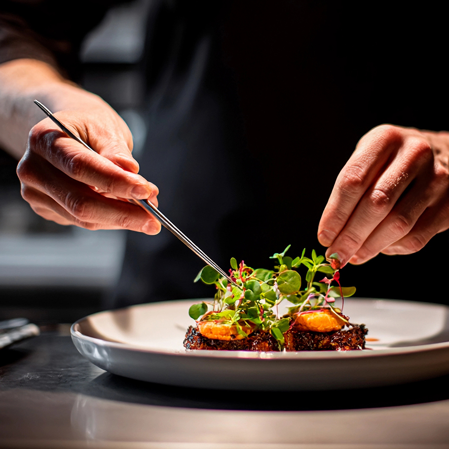 Chef prepara un piatto gourmet per il servizio di catering d'eccellenza Fly Service destinato a voli privati.