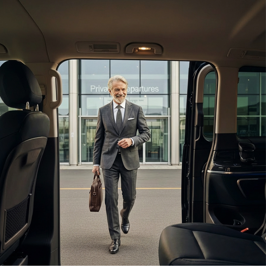 Passeggero VIP scende da un veicolo premium Fly Service davanti al terminal partenze private per un trasferimento di lusso.