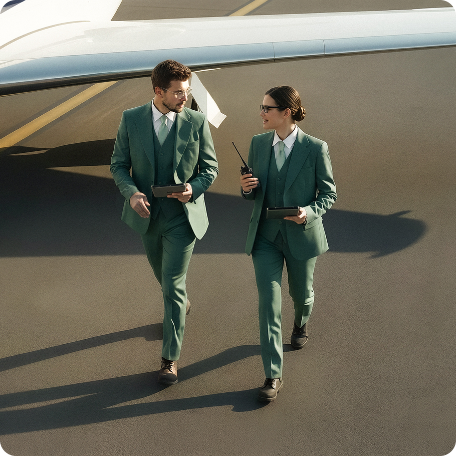 Team operativo di Fly Service in divisa tecnica coordina le operazioni di terra e l'assistenza a un jet privato sulla pista.